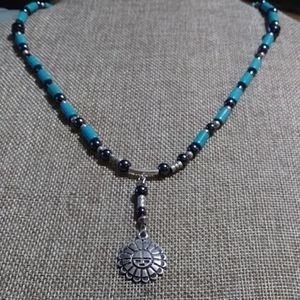 NWT-SLEEPING BEAUTYTURQUOISE/HEMATITE 92.5-BEADED/SUN NECKLACE.